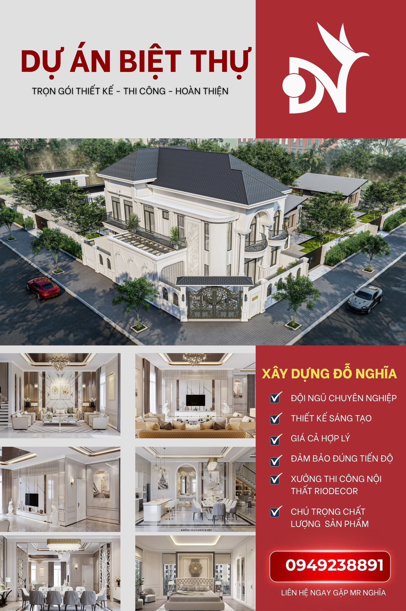 Phòng khách hiện đại, sofa góc xám lớn, thảm trải sàn họa tiết hình học, bàn trà gỗ tròn, TV gắn tường, kệ TV thấp, tường ốp lam trang trí, cây xanh.