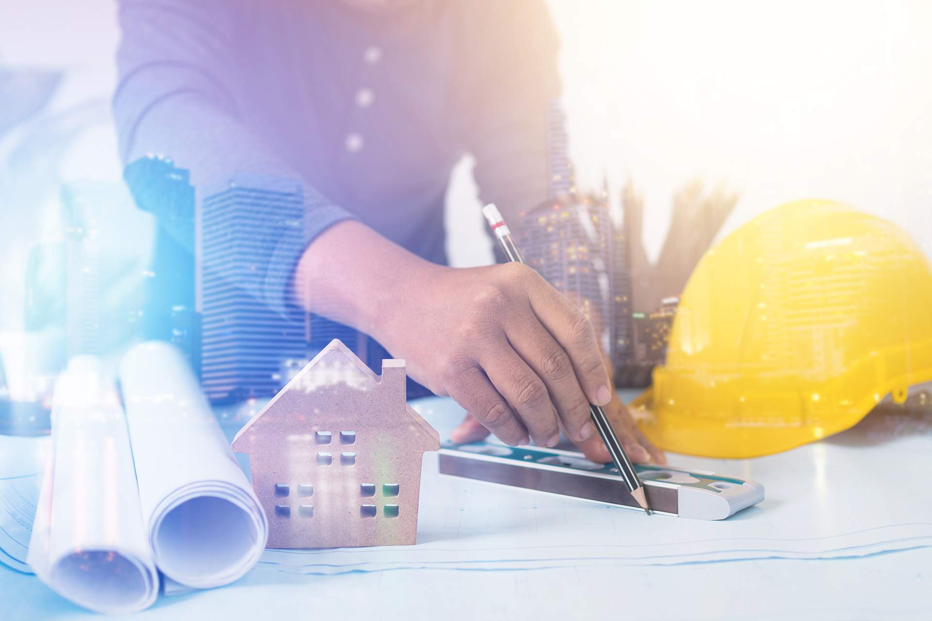 Architect Working And Planning On Blueprint, Engineering Objects