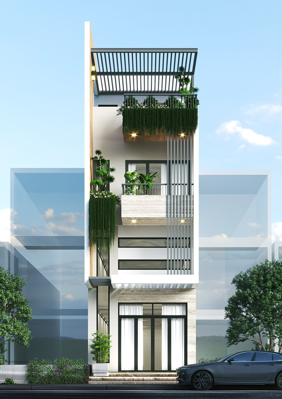 Mặt tiền nhà phố hiện đại, tối giản, ban công kính, thiết kế nhà năm 2026
