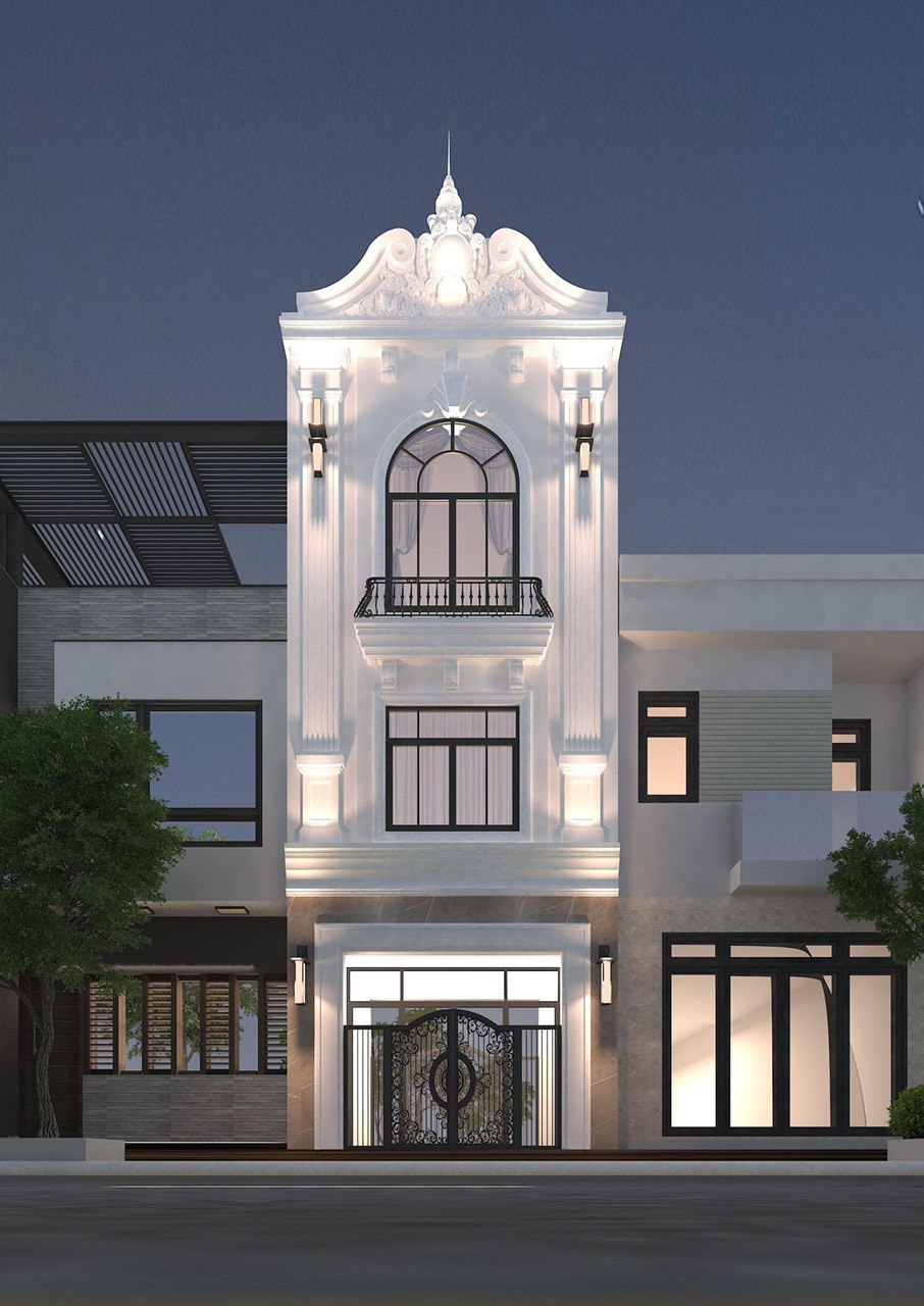 Mặt tiền nhà biệt thự hiện đại màu xám với cửa gỗ lớn, sân cỏ xanh, kiến trúc tối giản, thiết kế nhà bền vững.